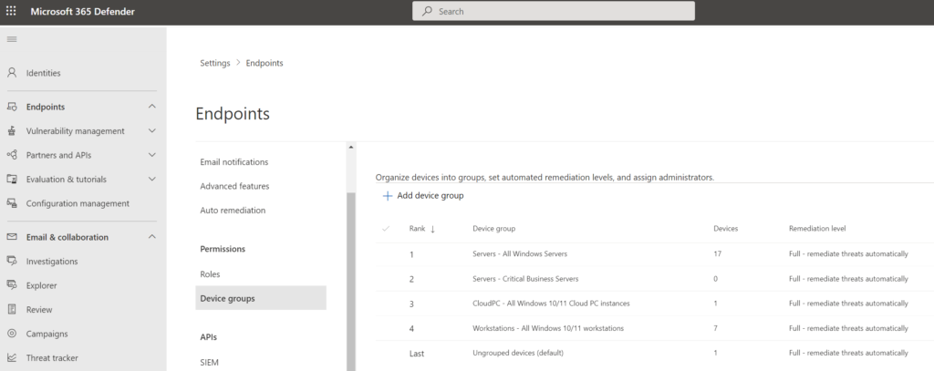 Gerätegruppen mit Priorisierung (Rank) und jeweils zugewiesenem Remediation-Level im Microsoft 365 Defender-Portal