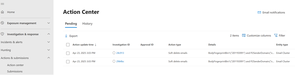 Das Unified Action center im Microsoft Defender-Portal mit den Reitern für ausstehende und abgeschlossene Remediation-Aktionen.