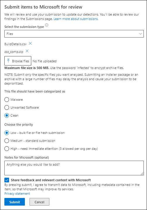 Das Flyout „Submit items to Microsoft for review" mit ausgewähltem Datei-Upload, Kategorie und Priorität.