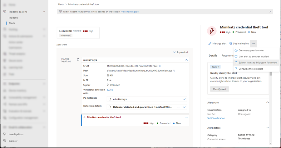 Die Alerts-Seite mit dem Menü zum Übermitteln von Elementen aus einer Warnung an Microsoft.