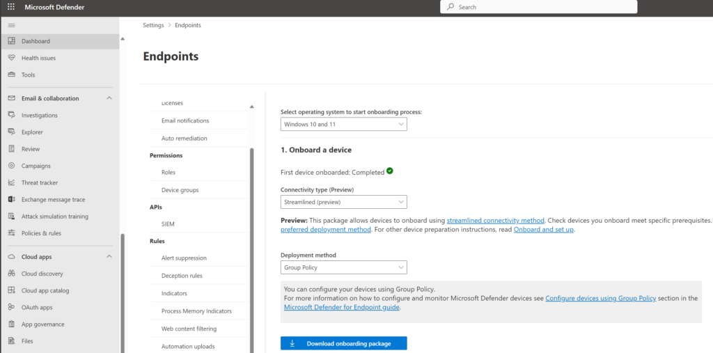 Einstellungen für Streamlined Connectivity im Microsoft Defender-Portal