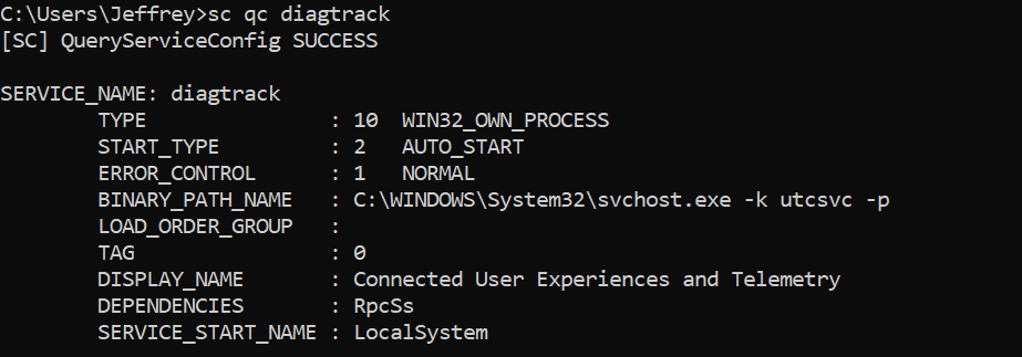 Überprüfung des DiagTrack-Dienstes per Kommandozeile