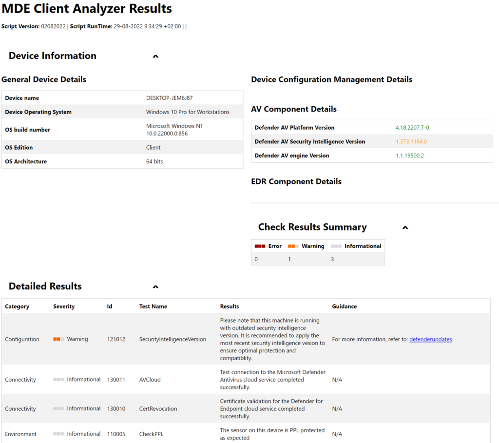 Grafische Ergebnisseite MDEClientAnalyzer.HTM mit Organization ID, Device ID und EDR-Status