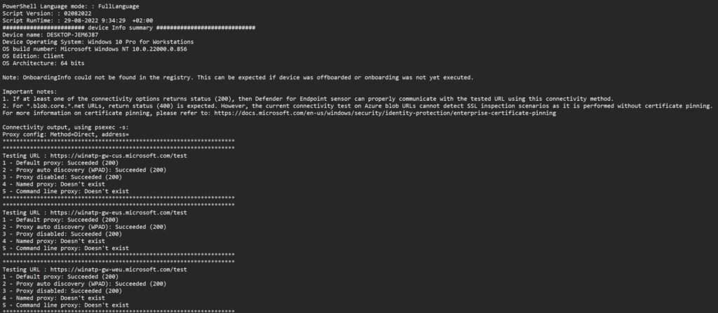 Detaillierte Ergebnisse und Netzwerk-Test in der Datei MDEClientAnalyzer.txt