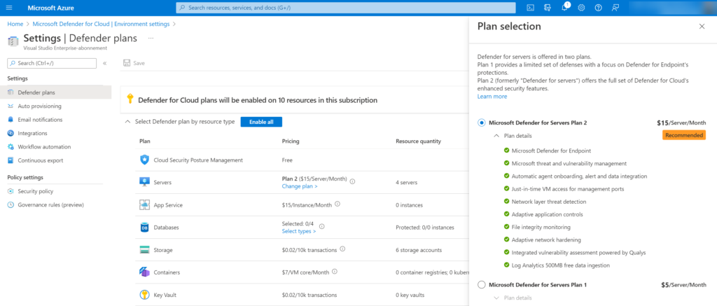 Defender for Servers Plan 2 im Defender for Cloud-Portal