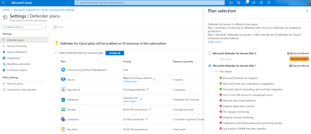 Defender for Servers Plan 1 im Defender for Cloud-Portal