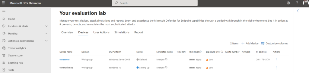 Im Defender-Portal erhält die Maschine zunächst den Status „Setting up"