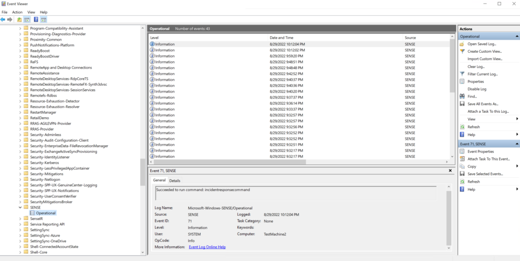 Das SENSE-Eventlog in der Windows-Ereignisanzeige