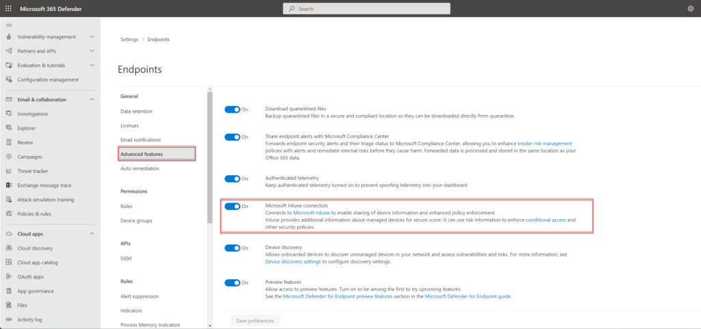 Microsoft Defender-Portal: Schalter „Microsoft Intune connection" unter Advanced features aktivieren