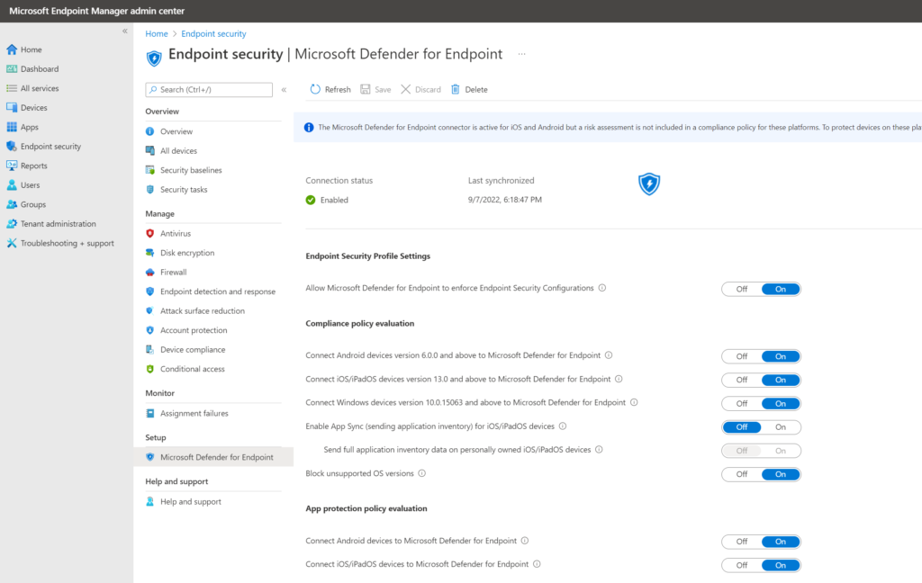 Intune-Portal: Verbindungsstatus zwischen MDE und Intune – Connection status „Enabled" und Last synchronized