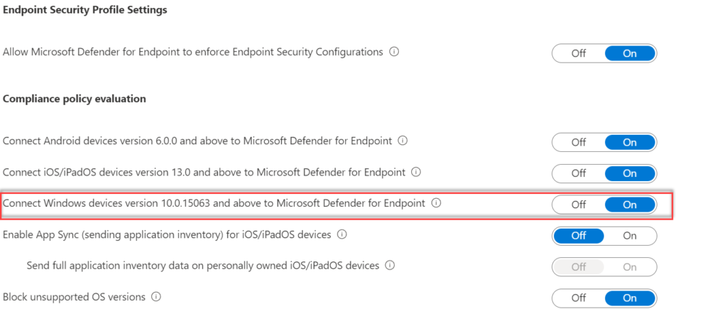 Intune-Endpoint-Security: Schalter „Connect Windows devices … to Microsoft Defender for Endpoint" auf On