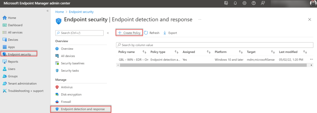 Intune Endpoint security: „Endpoint detection and response" mit Button „Create Policy"