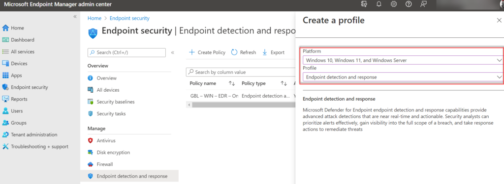 Intune: Auswahl von Platform und Profile für das EDR-Onboarding-Profil