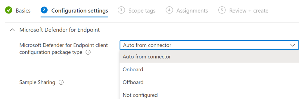 Intune: „Microsoft Defender for Endpoint client configuration package type" auf „Auto from connector"