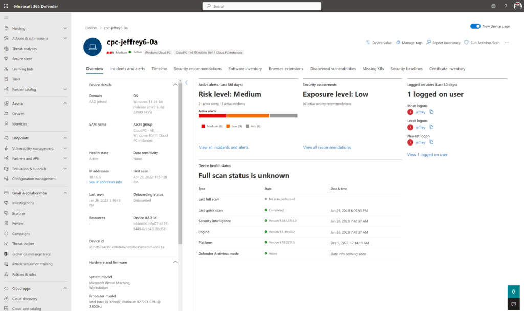 Defender-Portal: onboardetes Gerät mit Sensor-Status „Active" und „Managed by: Intune"