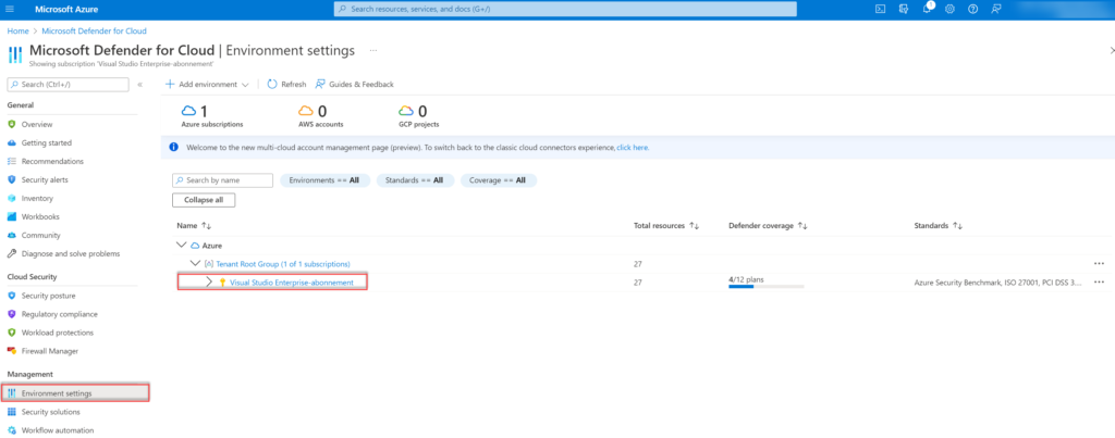 Azure-Portal: „Environment settings" in Microsoft Defender for Cloud