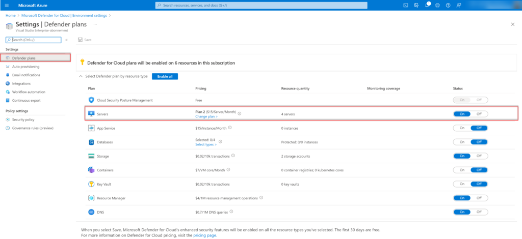 Azure-Portal: Auswahl von Defender for Servers Plan 1 bzw. Plan 2 in den Defender plans