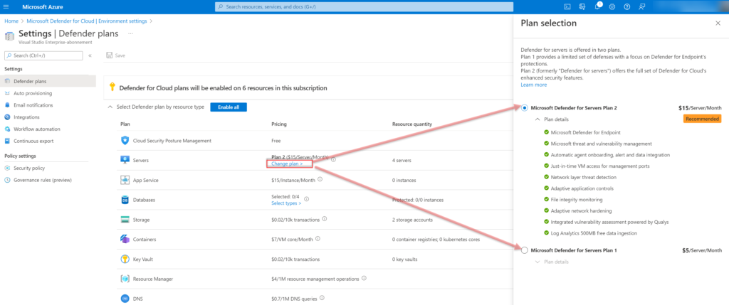 Azure-Portal: Dialog „Change plan" mit den Unterschieden zwischen Plan 1 und Plan 2