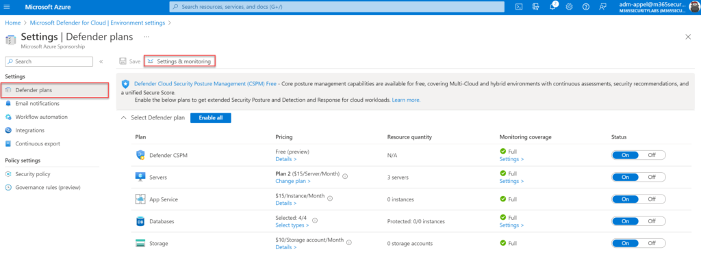 Azure-Portal: Registerkarte „Settings &amp; monitoring" in den Defender plans der Subscription