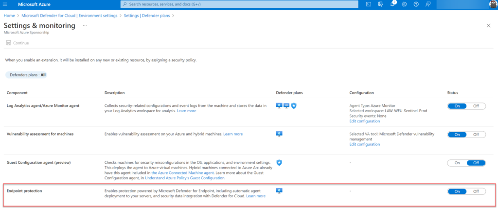 Azure-Portal: Einstellung „Endpoint protection" auf „On" für die automatische MDE-Bereitstellung