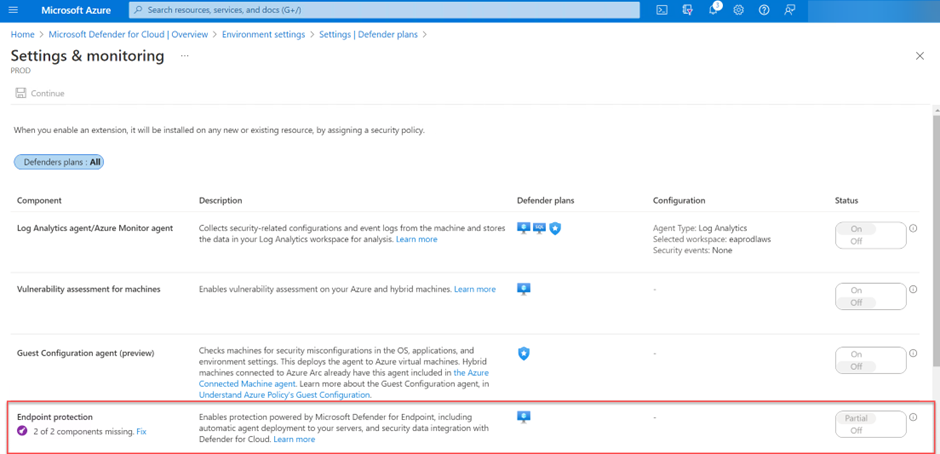 Azure-Portal: ältere Subscription mit Meldung „2 of 2 components missing. Fix" bei Endpoint protection