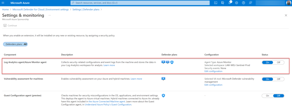 Azure-Portal: Auto-Provisioning-Einstellung für den Log Analytics agent / Azure Monitor agent (Status Off)