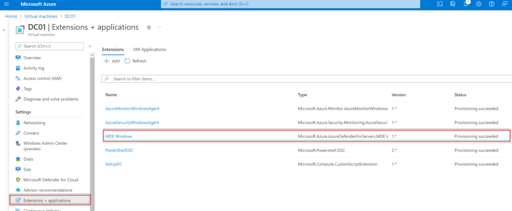 Azure-Portal: Übersicht „Extensions + applications" einer VM mit erfolgreich bereitgestellter MDE.Windows-Erweiterung