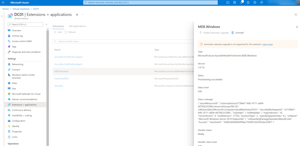Azure-Portal: Detailansicht der MDE.Windows-Erweiterung mit Version, Status und Logs