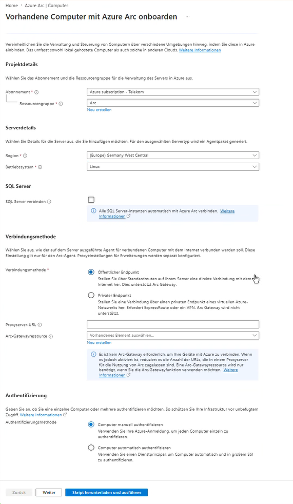 Azure-Arc-Assistent: Auswahl des Betriebssystems „Linux" statt Windows