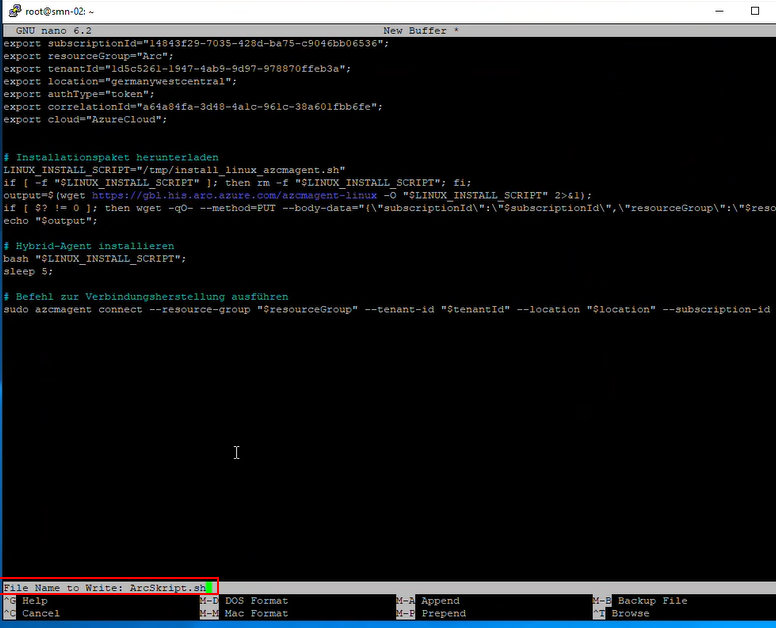 Linux-Terminal: gespeicherte Onboarding-Skriptdatei ArcSkript.sh
