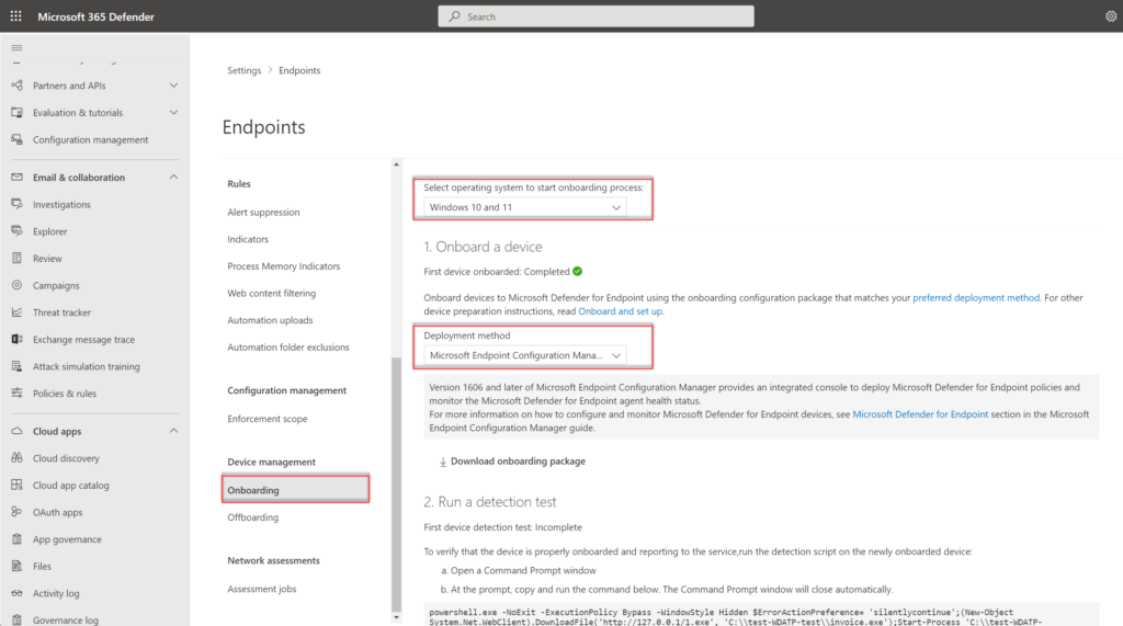 Microsoft Defender-Portal: Download des Onboarding-Pakets mit Deployment method „Microsoft Endpoint Configuration Manager"