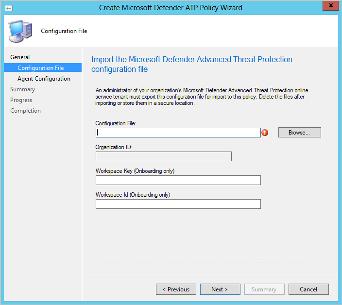 MECM-Assistent zum Erstellen einer Microsoft Defender for Endpoint-Richtlinie mit Auswahl der Onboarding-Datei
