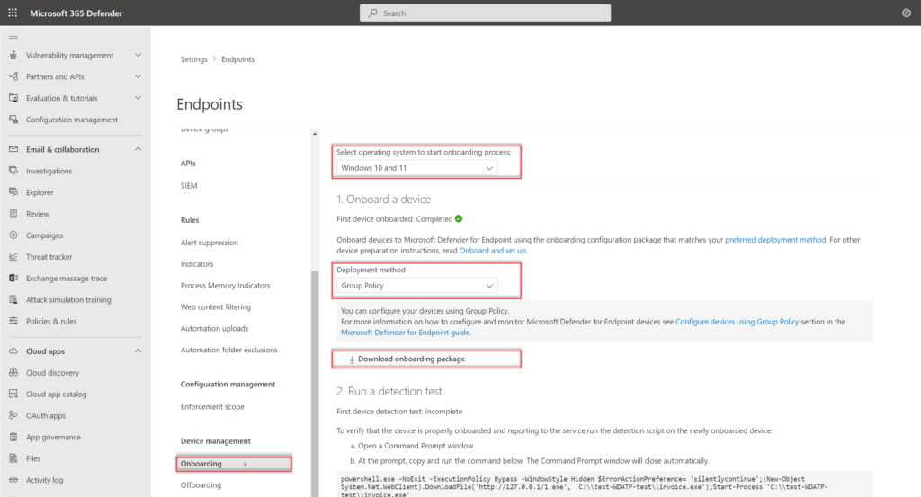 Microsoft Defender-Portal: Deployment method „Group Policy" und Download des GPO-Onboarding-Pakets