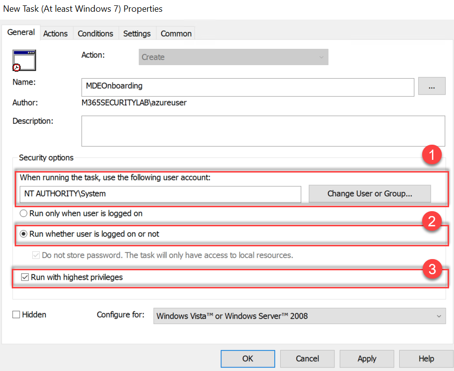 GPO: Reiter „General" der geplanten Aufgabe – Benutzer SYSTEM, „Run whether user is logged on or not" und „Run with highest privileges"