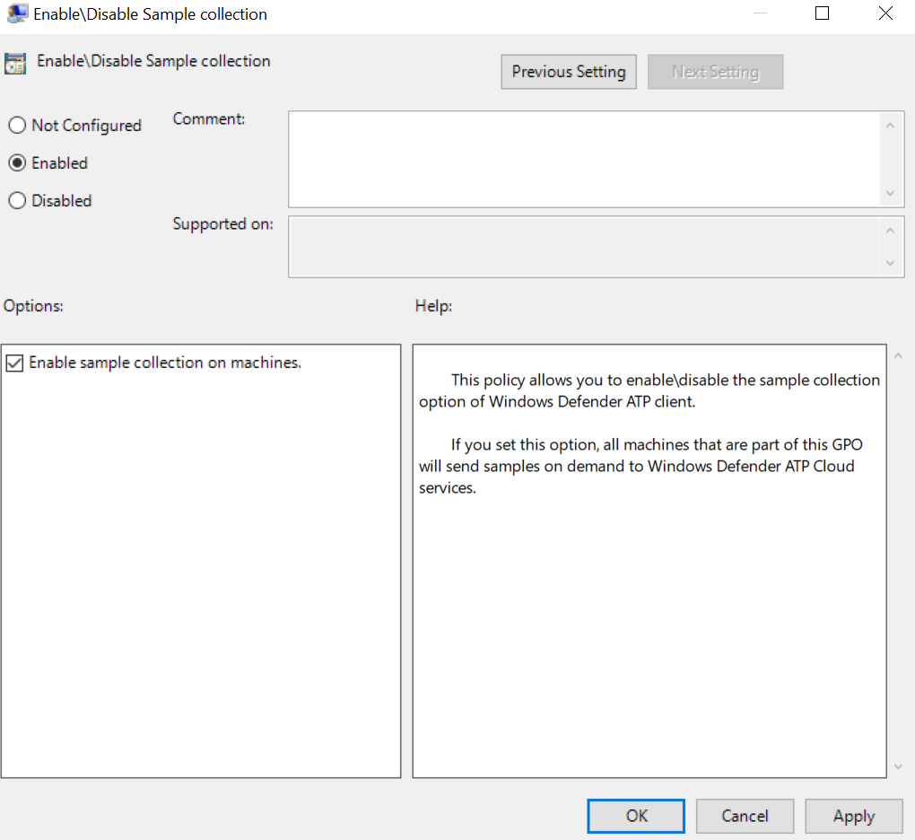 GPO-Einstellung „Enable sample collection on machines" auf „Enabled"