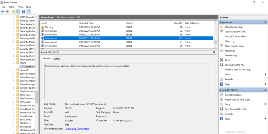 Event Viewer: SENSE-Operational-Log mit Event 403 „Registration … completed"