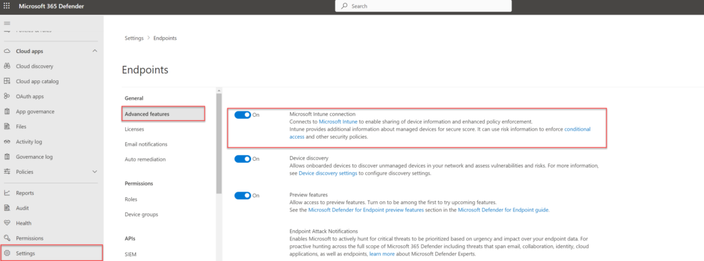 Defender-Portal: Funktion „Microsoft Intune connection" unter Advanced features aktivieren