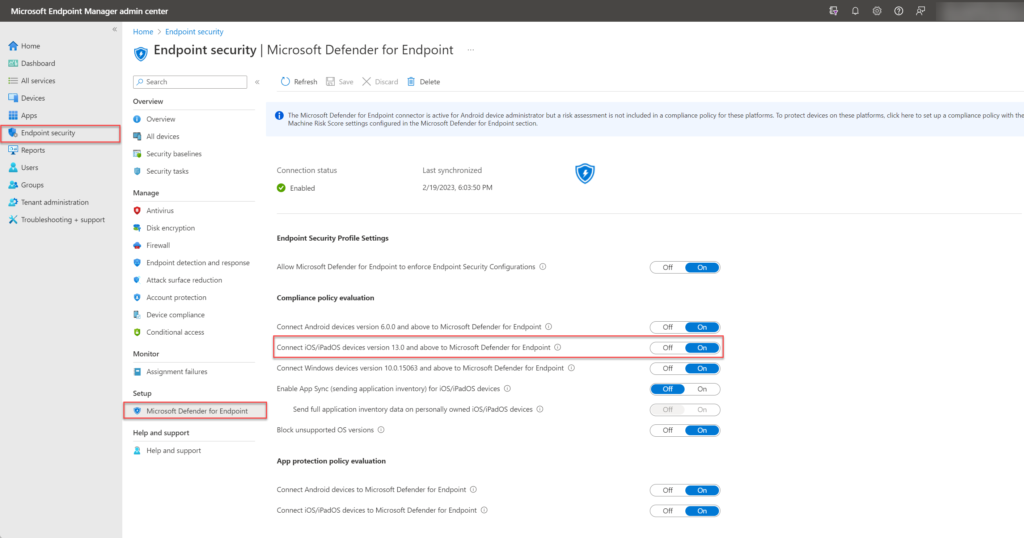 Intune: Schalter „Connect iOS devices to Microsoft Defender for Endpoint" auf On