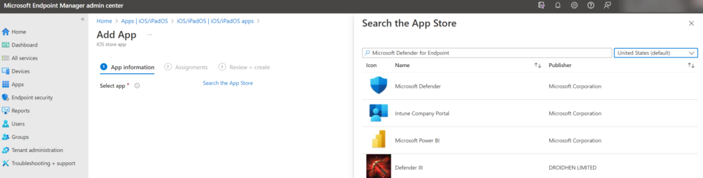 Intune: Suche nach der App „Microsoft Defender" im App Store