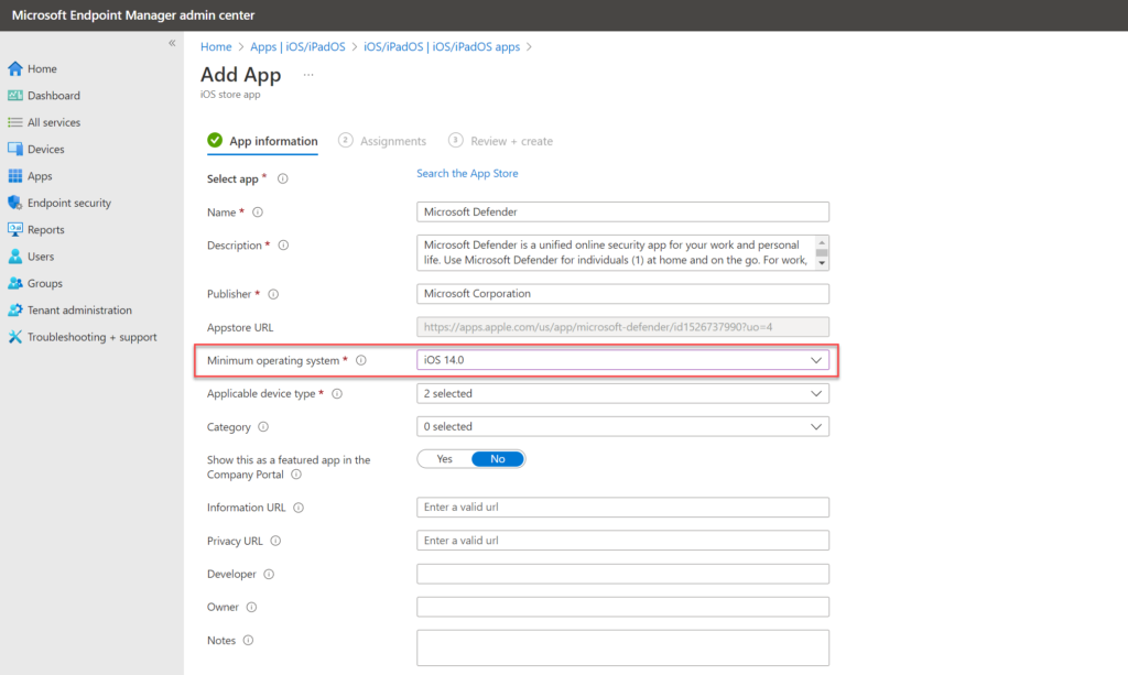 Intune: Auswahl von iOS 14.0 als minimalem Betriebssystem für die Defender-App