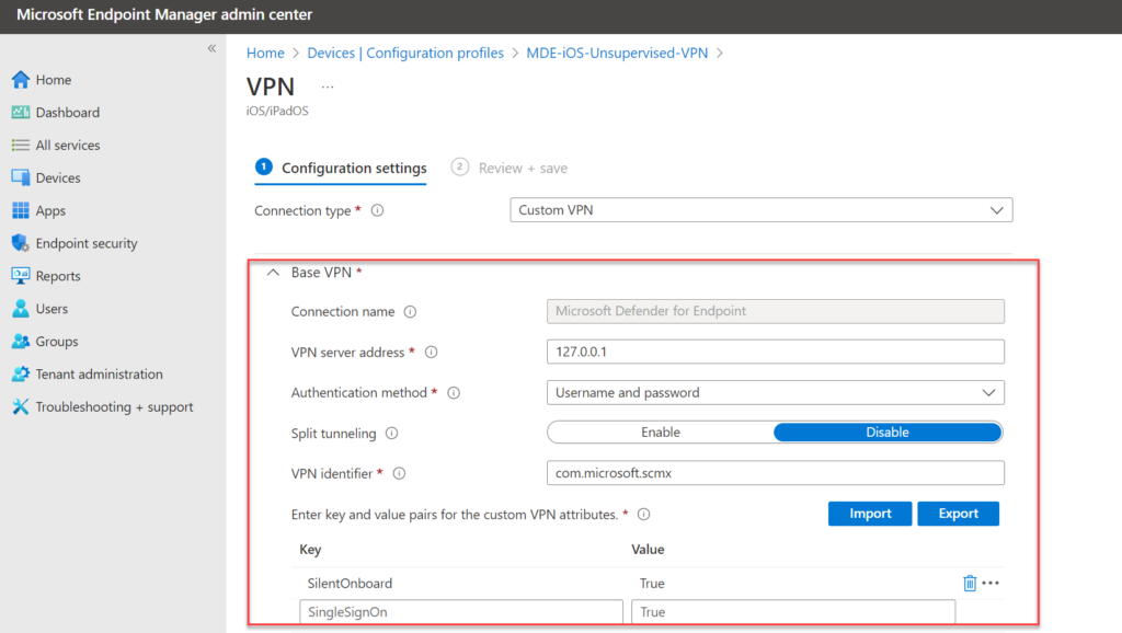 Intune: Ergebnis der Base-VPN-Einstellungen für das Defender-VPN-Profil