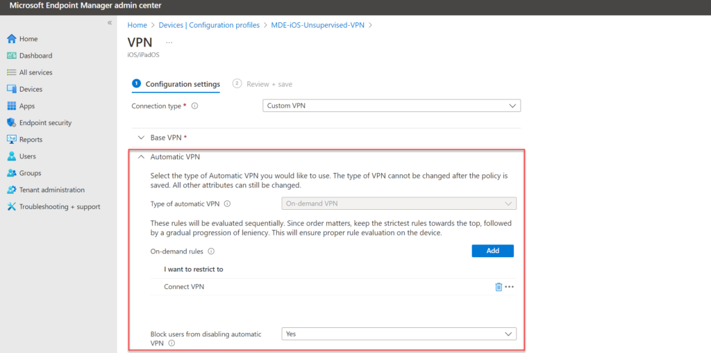 Intune: Ergebnis der Automatic-VPN-Einstellungen (On-demand VPN für alle Domains)