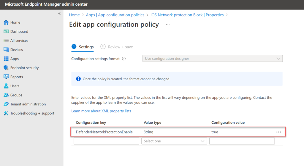 Intune: App-Configuration-Policy mit Schlüssel „DefenderNetworkProtectionEnable" auf true