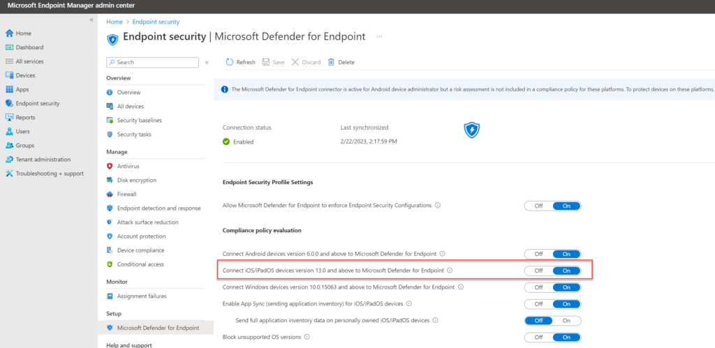 Intune: Schalter „Connect iOS/iPadOS devices version 13.0 and above to Microsoft Defender for Endpoint"