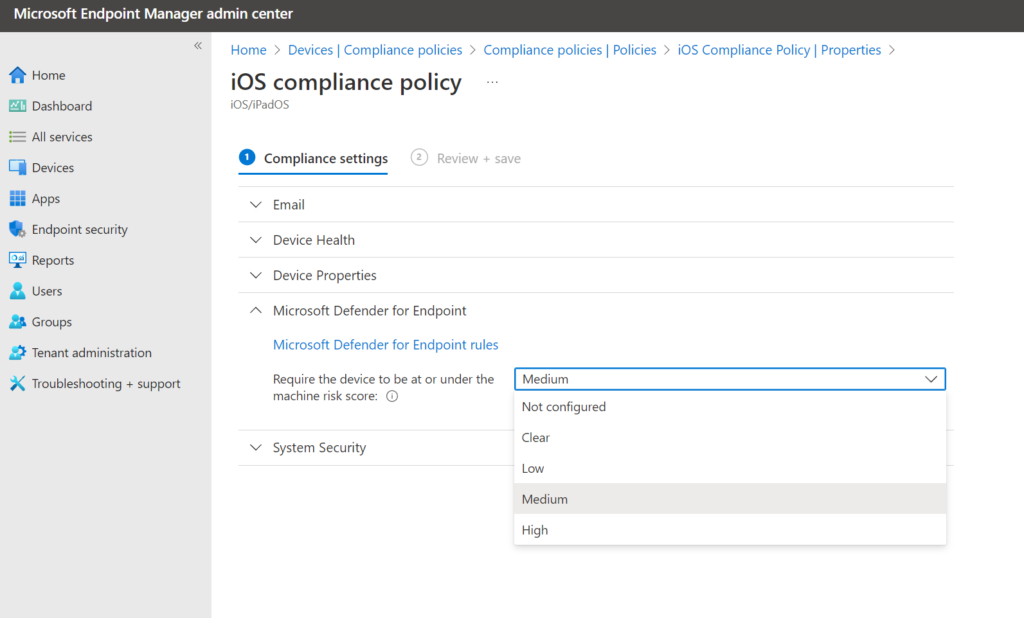 Intune-Compliance-Policy: „require the device to be at or under the medium machine risk score" für iOS