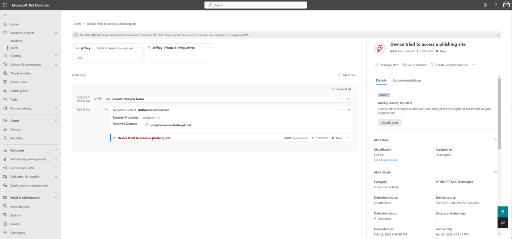 Defender-Portal: Alert „Device tried to access a phishing site" nach dem SmartScreen-Test auf iOS