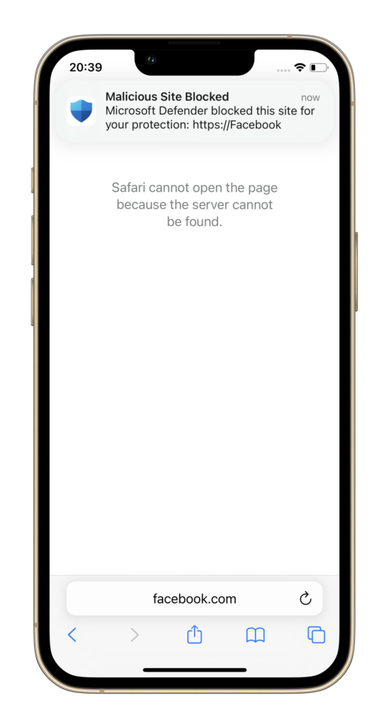 Defender for Endpoint für iOS: durch die Web-Protection geblockte Website