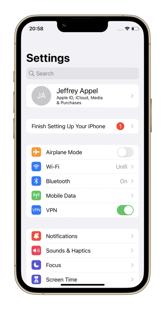 Defender for Endpoint für iOS: Einstellungsübersicht mit VPN-Konfiguration