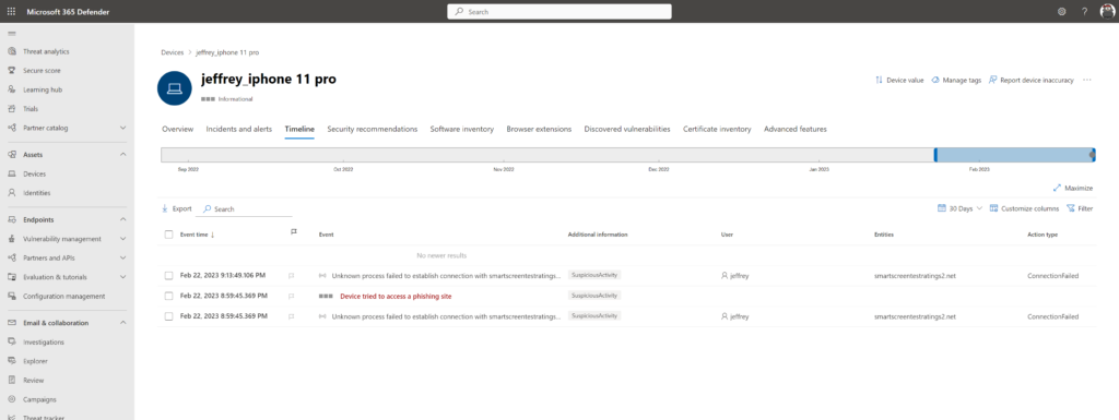 Defender-Portal: Timeline-Ansicht des iOS-Geräts