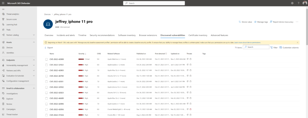 Defender-Portal: Vulnerability-Ansicht des iOS-Geräts